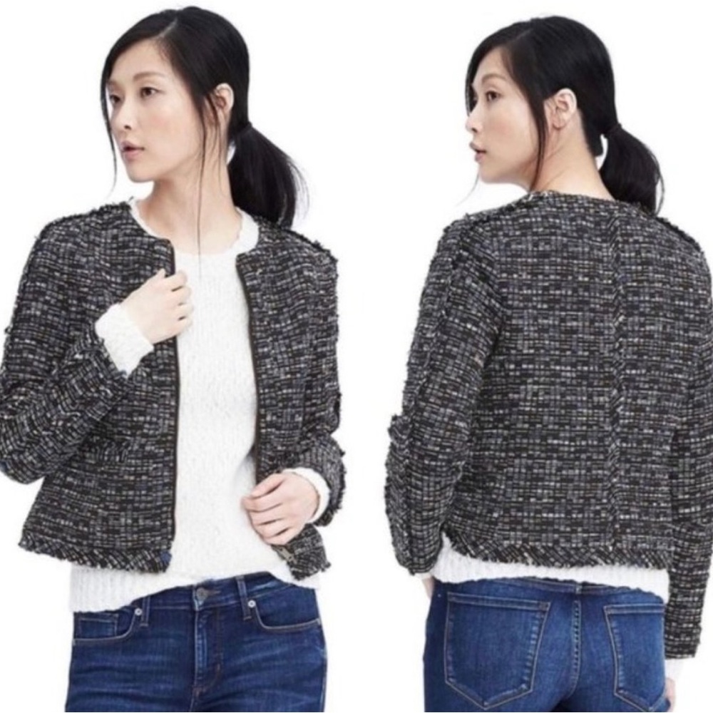 Banana Republic navy tweed fringe boucle zip jacket